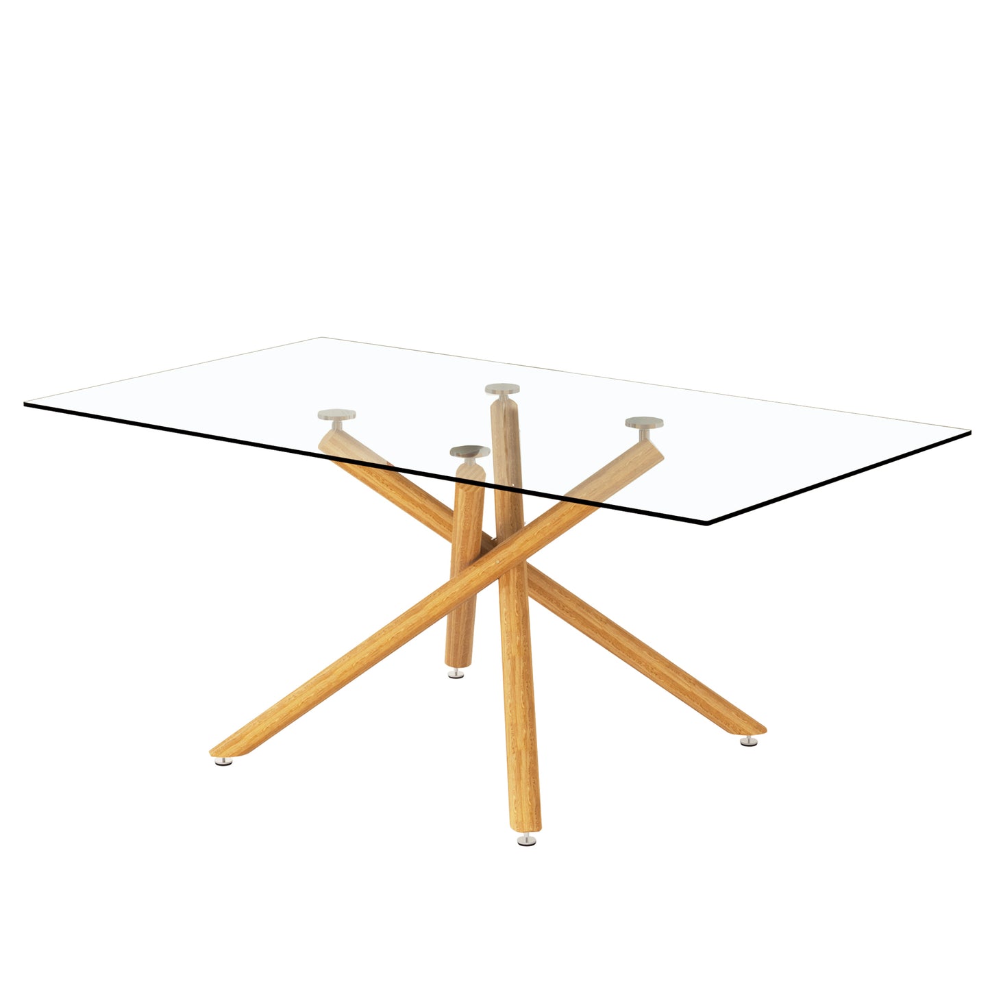 Large Modern Minimalist Rectangular Glass Dining Table for 6-8 with 0.39" Tempered Glass Tabletop and Wood color Metal Legs, 71" W x 39" D x 301537
