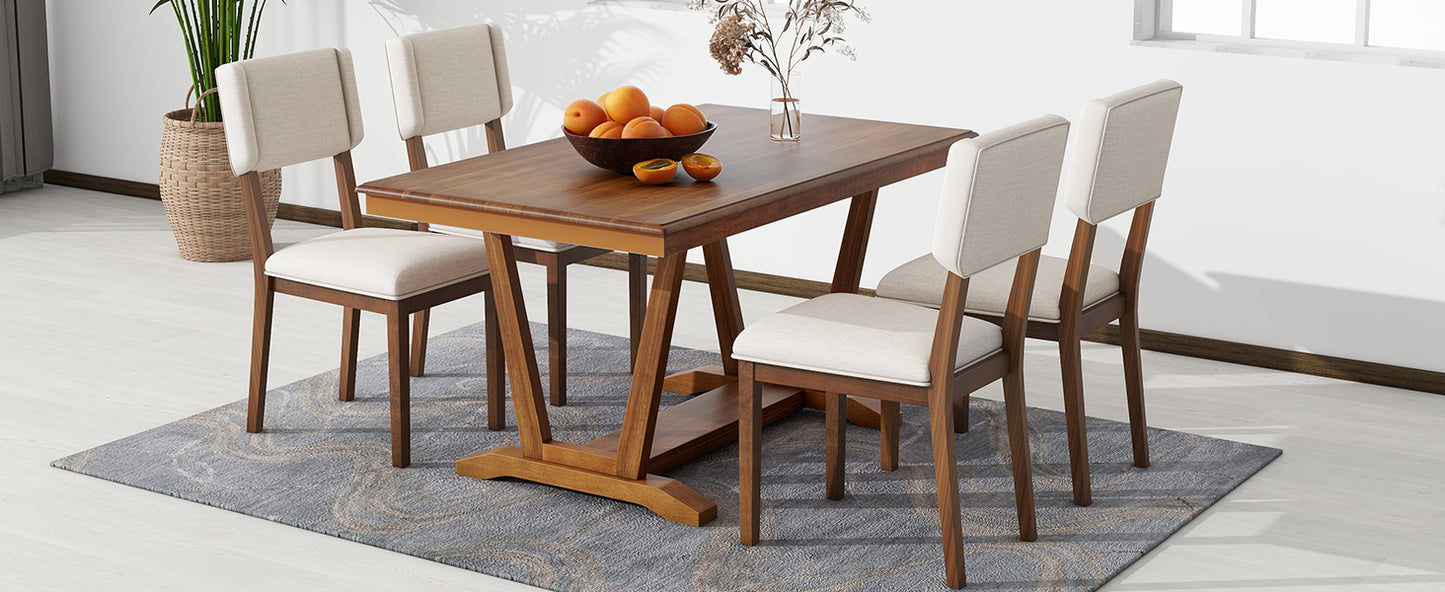 Rustic 5-piece Dining Table Set with 4 Upholstered Chairs, 59-inch Rectangular Dining Table with Trestle Table Base, Walnut