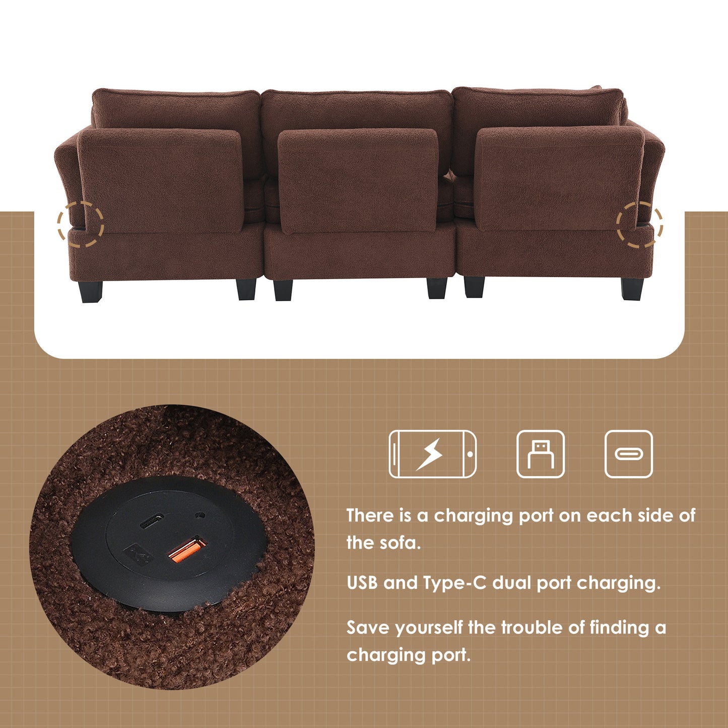 92*63"Modern Teddy Velvet Sectional Sofa,Charging Ports on Each Side,L-shaped Couch with Storage Ottoman,4 seat Interior Furniture 3 Colors(3 pillows)