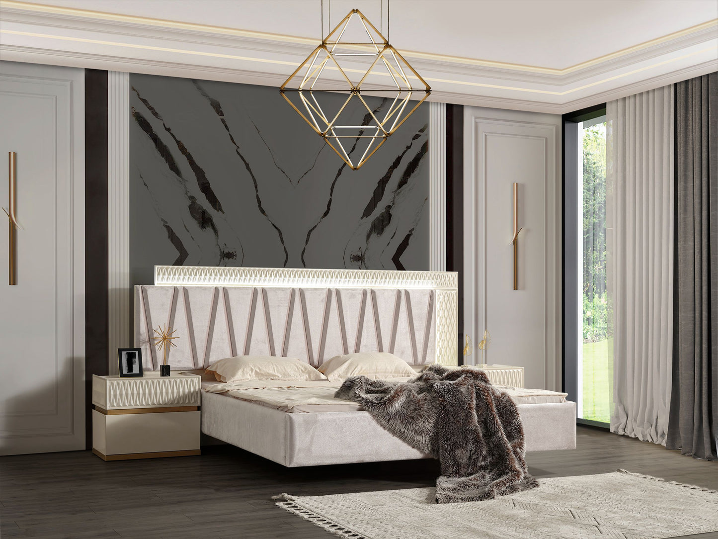 Delfano Modern Style Queen Bed Made with Wood in Beige