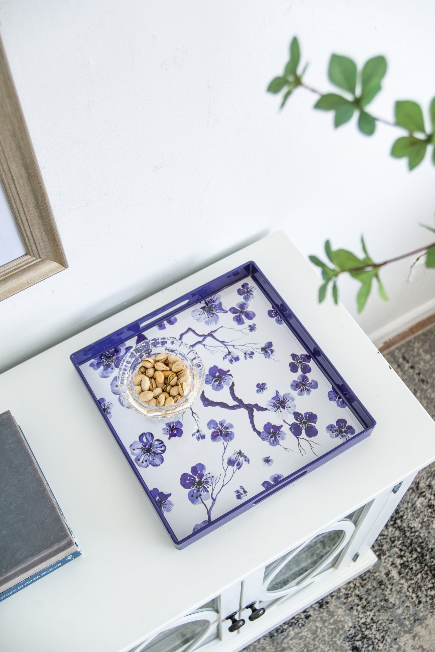 Set of 2 Decorative Trays with Floral Painting, Blue Serving Tray with Handles