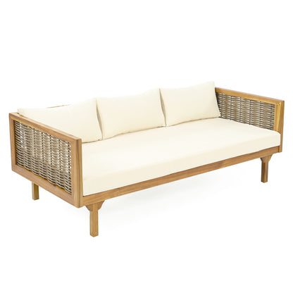 CLAREMONT 3 Seater Daybed with Rattan Arms Beige Cushion Acacia Wood