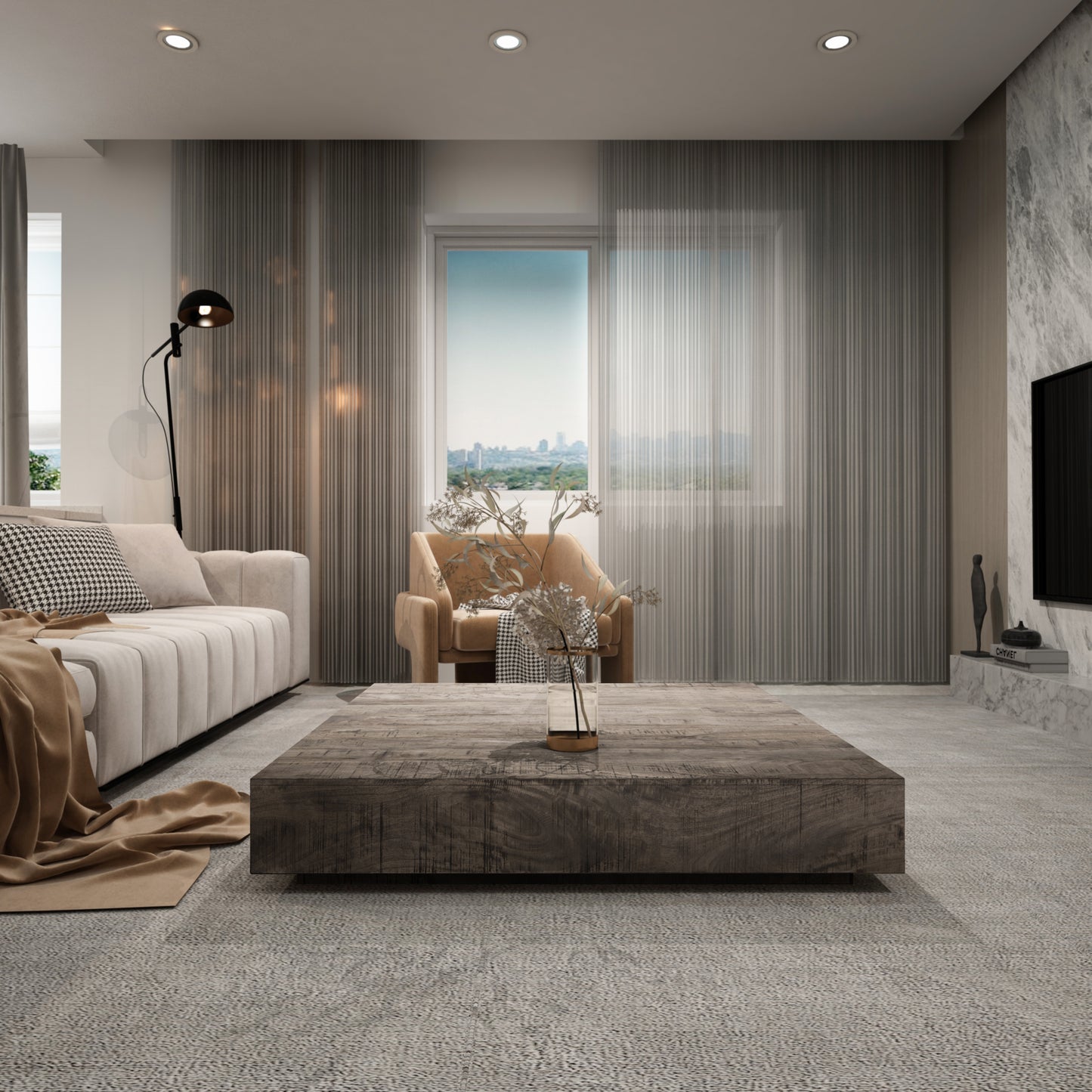 Charcoal Finish Solid Wood Low Profile Rough Coffee Table