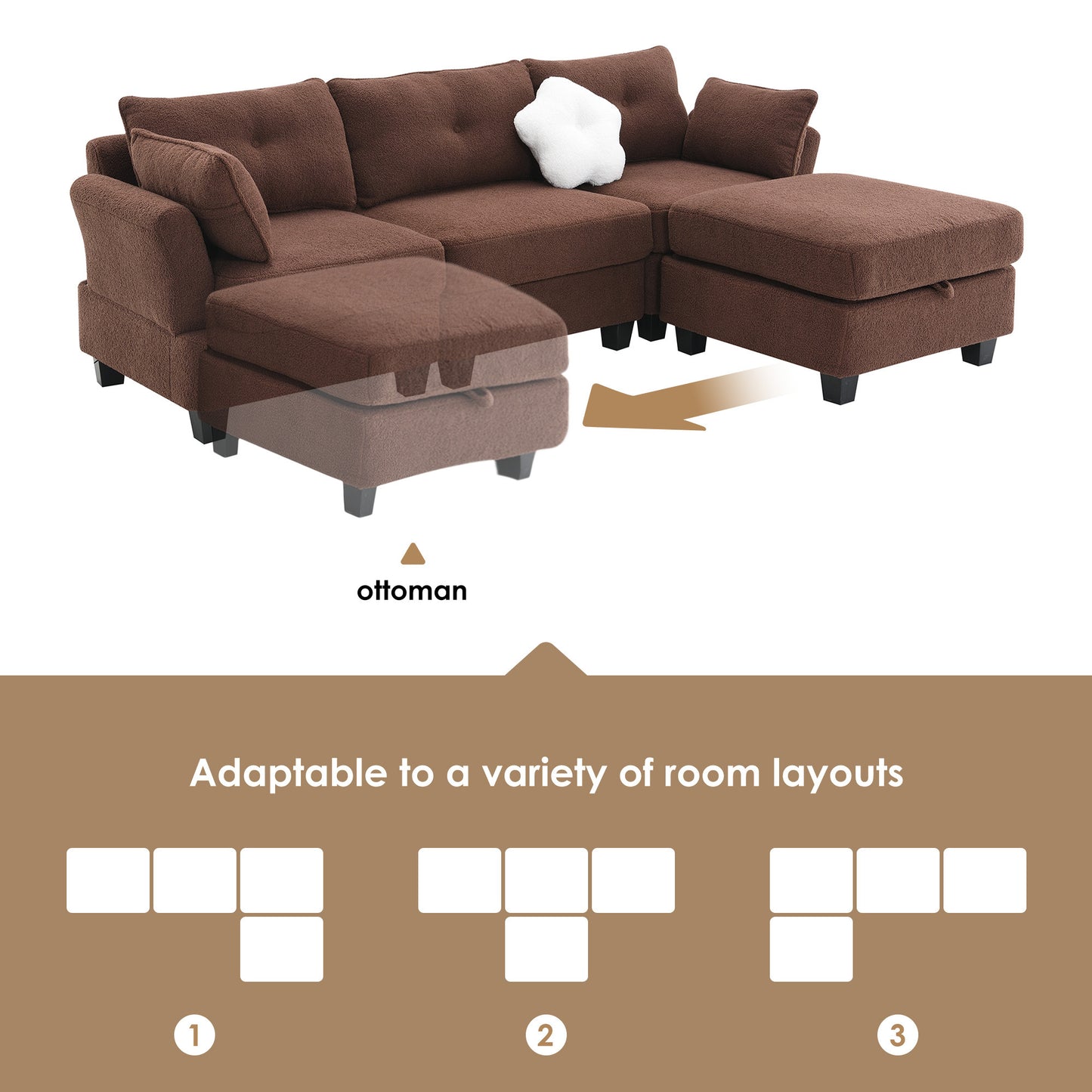 92*63"Modern Teddy Velvet Sectional Sofa,Charging Ports on Each Side,L-shaped Couch with Storage Ottoman,4 seat Interior Furniture 3 Colors(3 pillows)