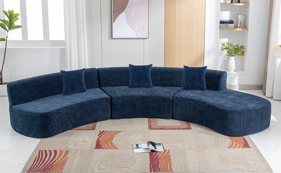 136.6" Stylish Curved sofa Sectional Sofa Chenille Fabric Sofa Couch with Three Throw Pillows for Living Room, Blue