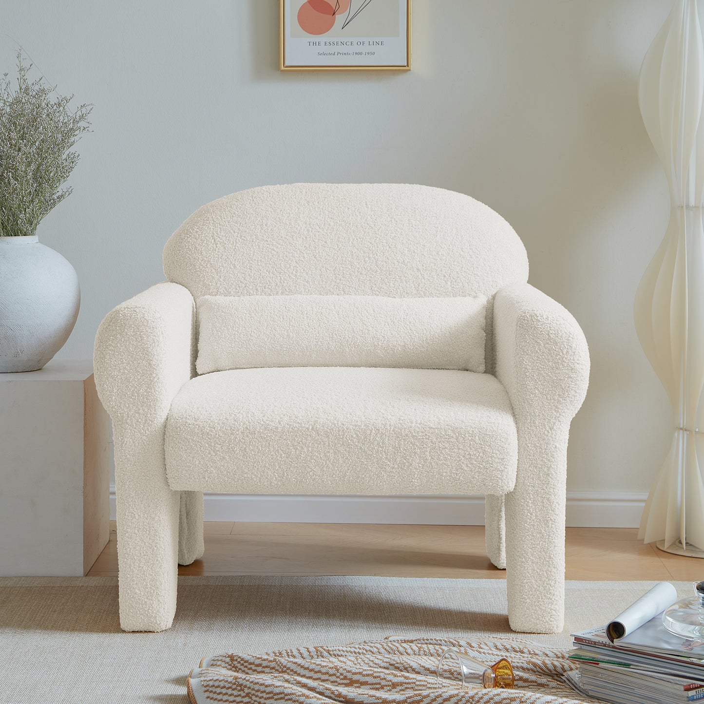 Modern boucle accent chair with lumbar pillow