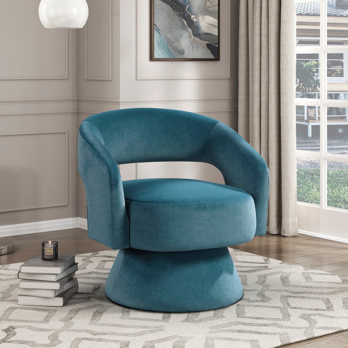 Modern Luxury Swivel Accent Chair 1pc Dark Teal Velvet Upholstery Solid Wood