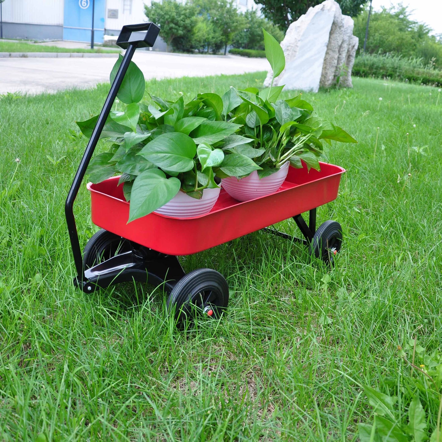 Garden cart Reuniong  Railing,  solid Wheels, All Terrain Cargo Wagon with 280lbs Weight Capacity, Red