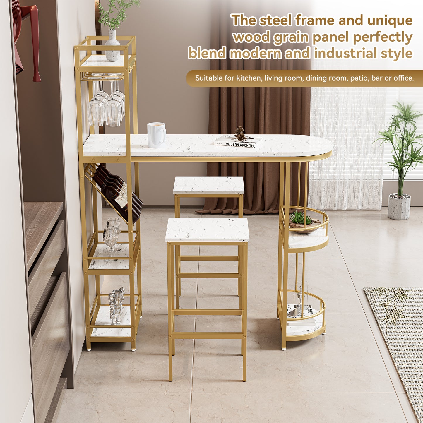 3 Pcs Bar Table and Chairs Set, Modern White Kitchen Bar Height Dining Table Wood Breakfast Pub Table with Gold Base with Shelves, Glass Rack, Wine Bottle Rack ,with 2 Bar Stools