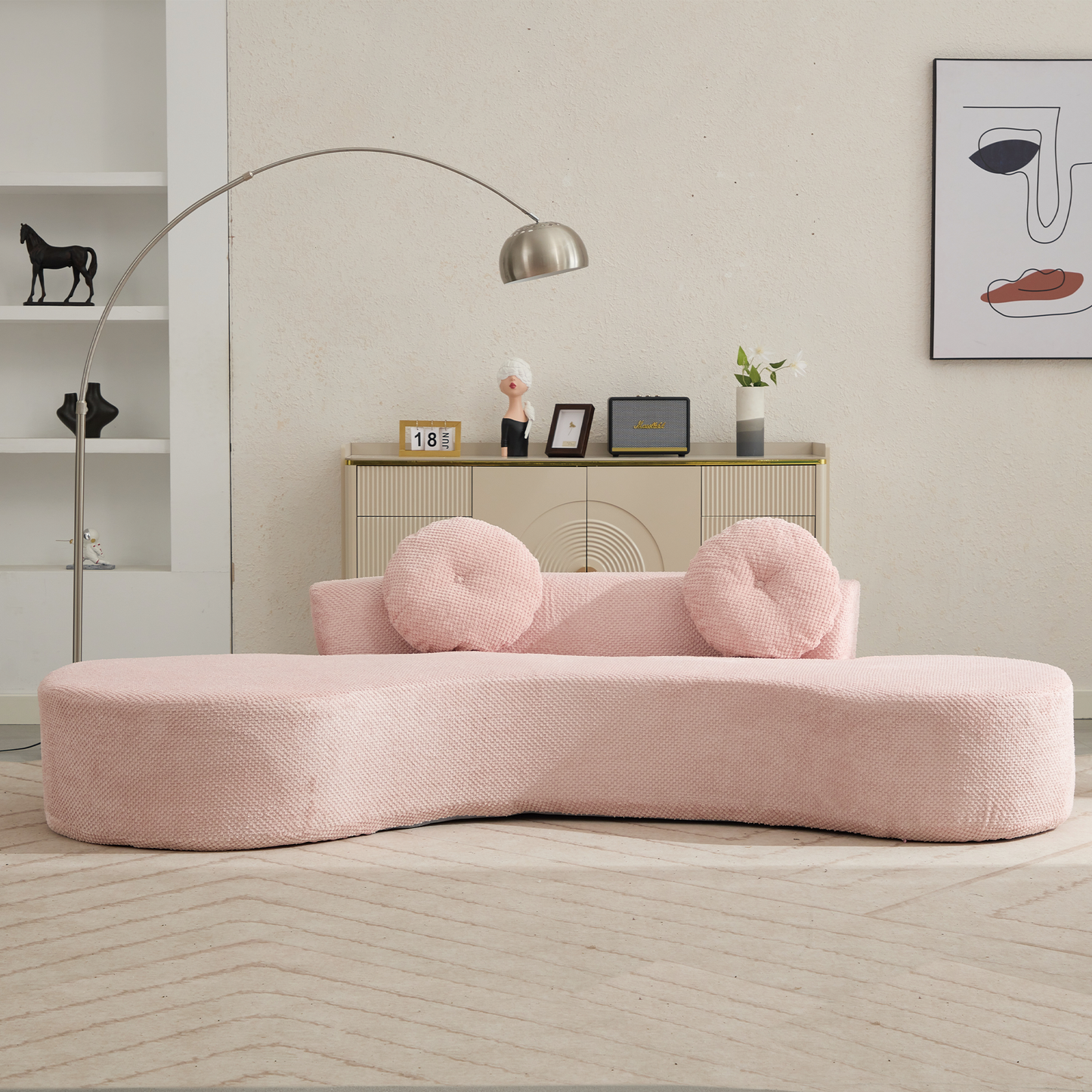 105.5''Curved Sofa, Modern Minimalist Sofa, Cloud Couch Sofa 3-4 Seater Couch with 2 Pillows,Bedroom,  No Assembly Required, Point-shaped corduroy, (Anti-Wrinkle) Pink