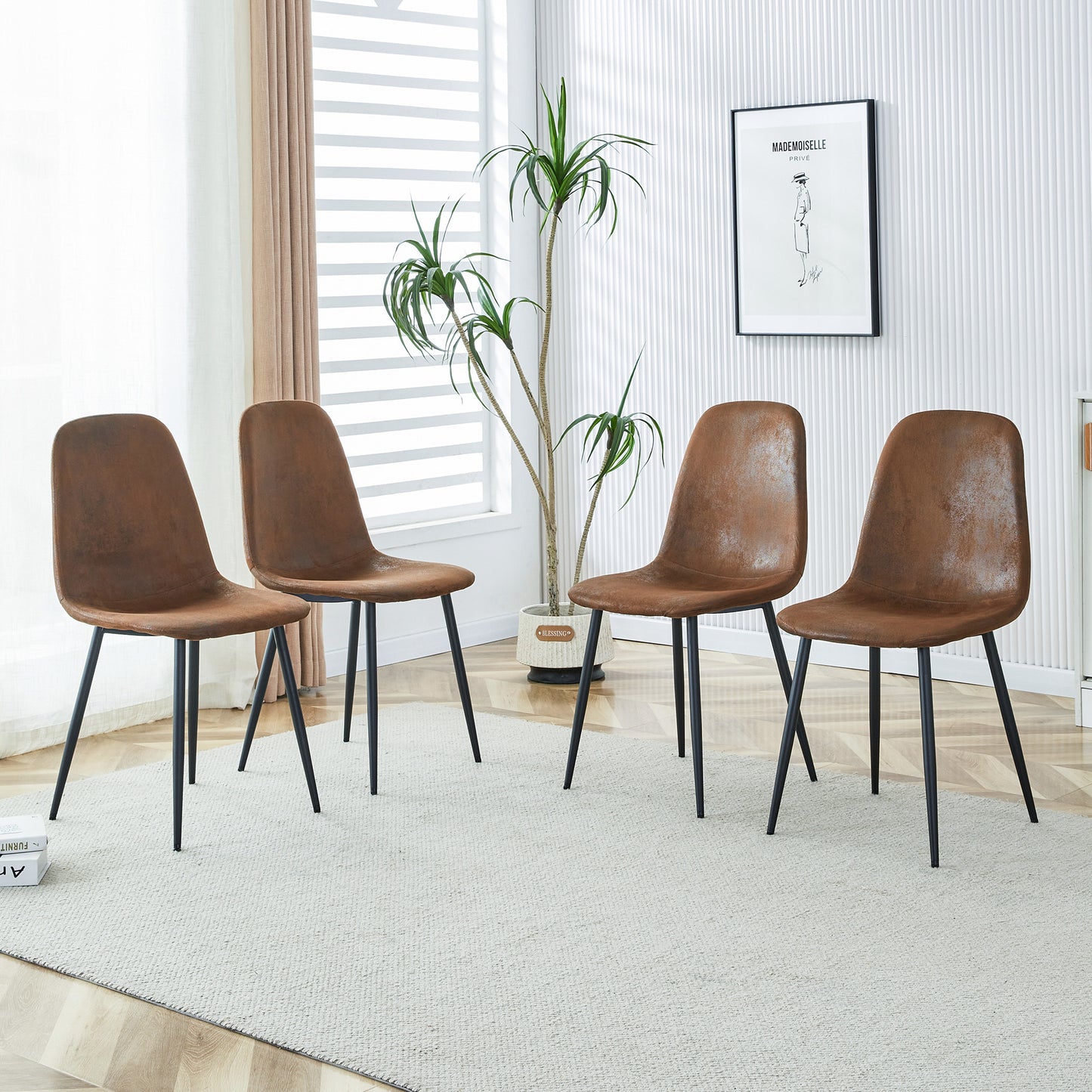 A set of 4 modern medieval style restaurant cushioned side chairs, equipped with soft cushions and black metal legs, suitable for kitchens, lounges, and farmhouses. W115149079