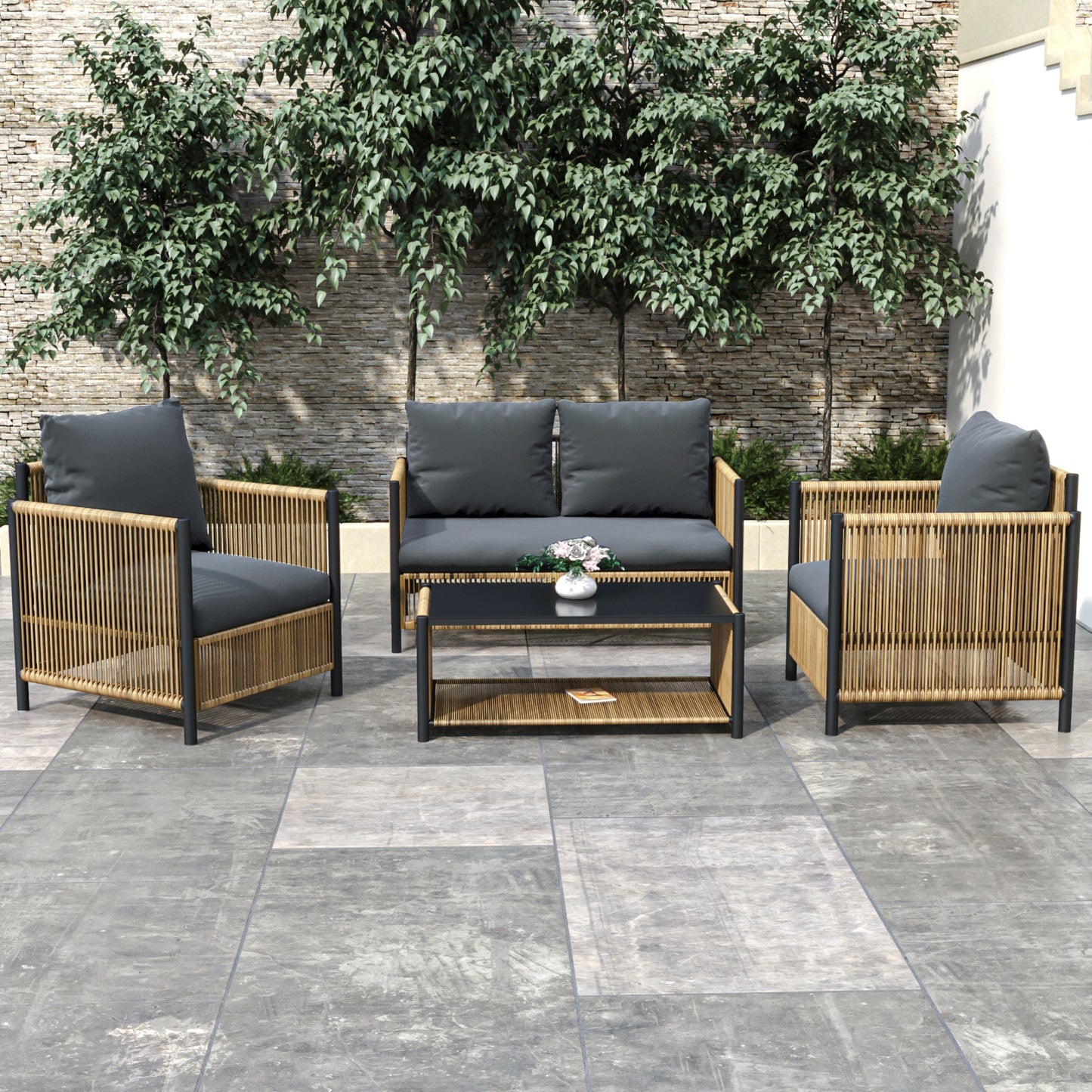 OUTDOOR Patio 4 Pieces Brown PE Wicker Sofa Set with Grey Cushion