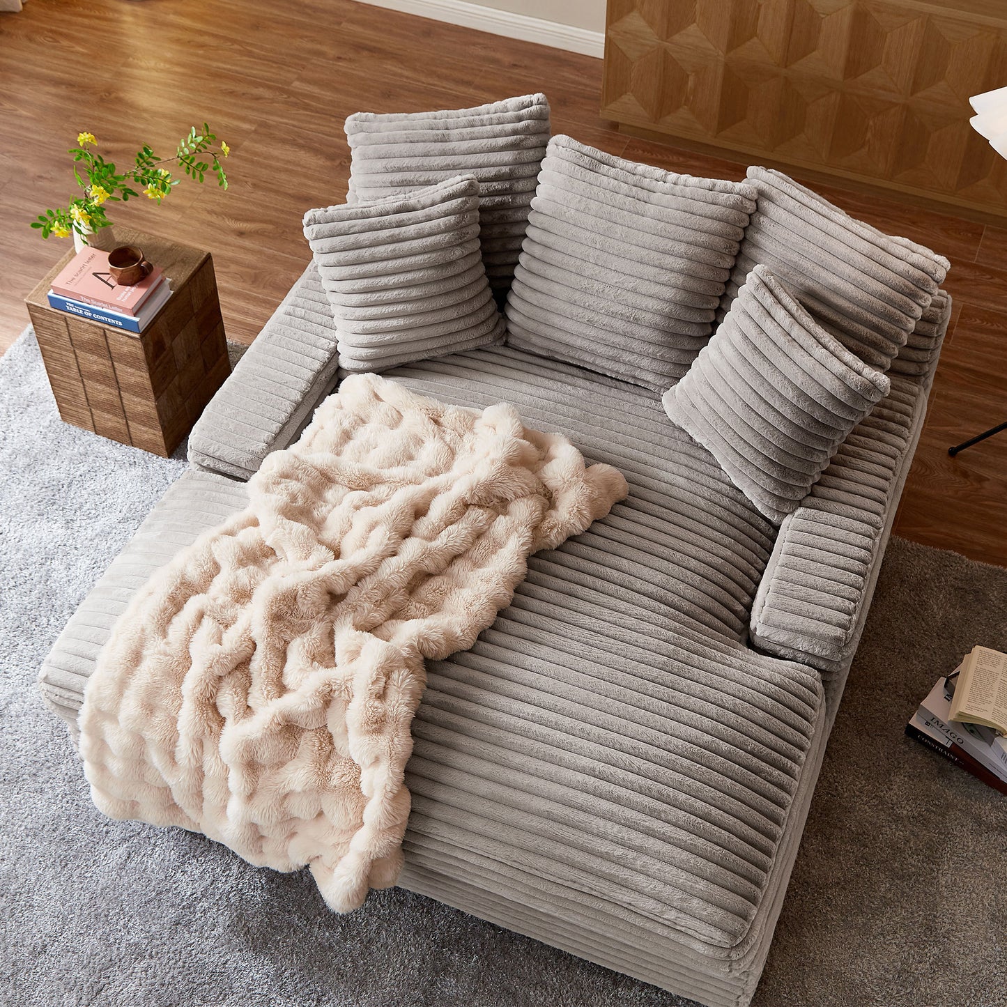 Modern Double Sleeper Sofa Comfortable Cloud Couch Soft Fluffy Corduroy Upholstery with Square Armrests