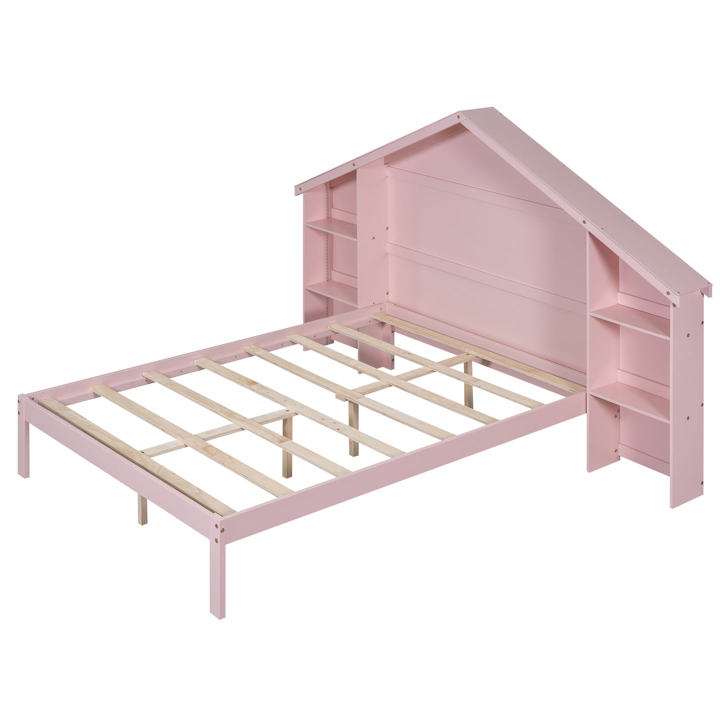 Wood Full Size Platform Bed with House-shaped Storage Headboard and Built-in LED, Pink