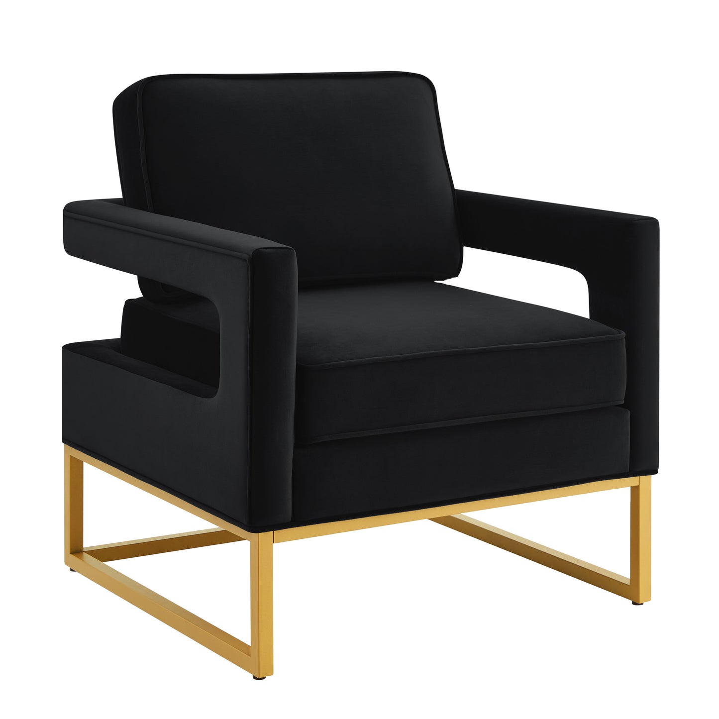 Modern Style Accent Chair with Gold Metal Base , Velvet Upholstered Leisure Chair with Open Armrest, Armchair, Black