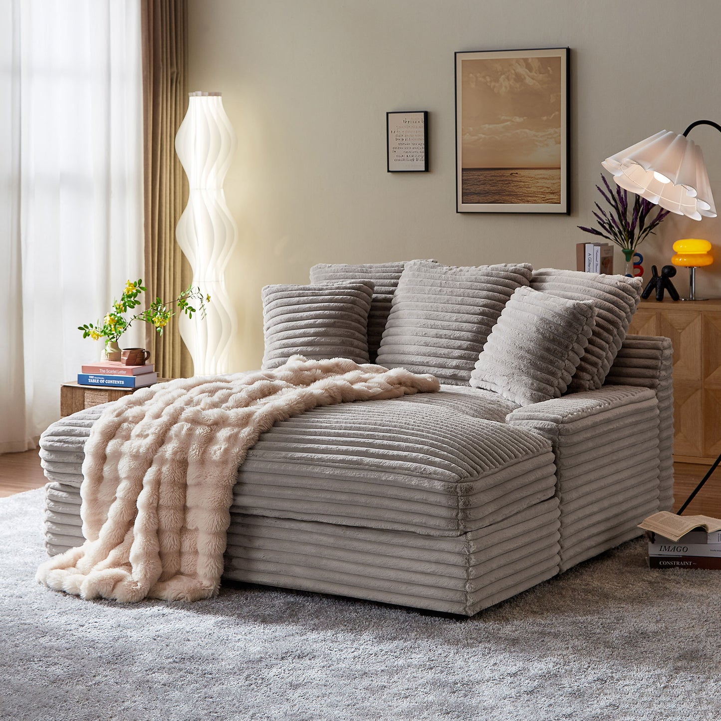 Modern Double Sleeper Sofa Comfortable Cloud Couch Soft Fluffy Corduroy Upholstery with Square Armrests