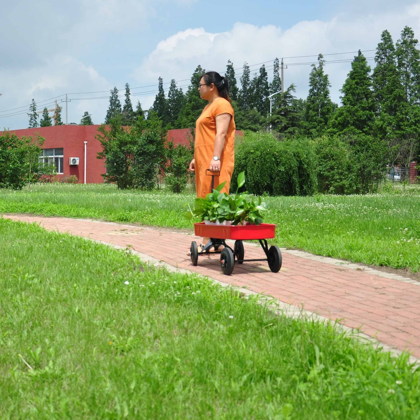 Garden cart Reuniong  Railing,  solid Wheels, All Terrain Cargo Wagon with 280lbs Weight Capacity, Red