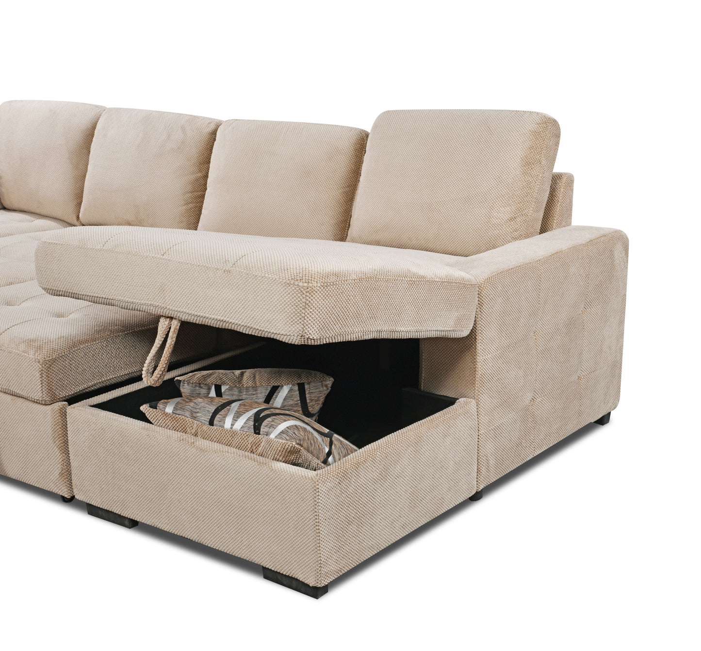 123" Oversized Sectional Sofa with Storage Chaise, U Shaped Sectional Couch with 4 Throw Pillows. Beige