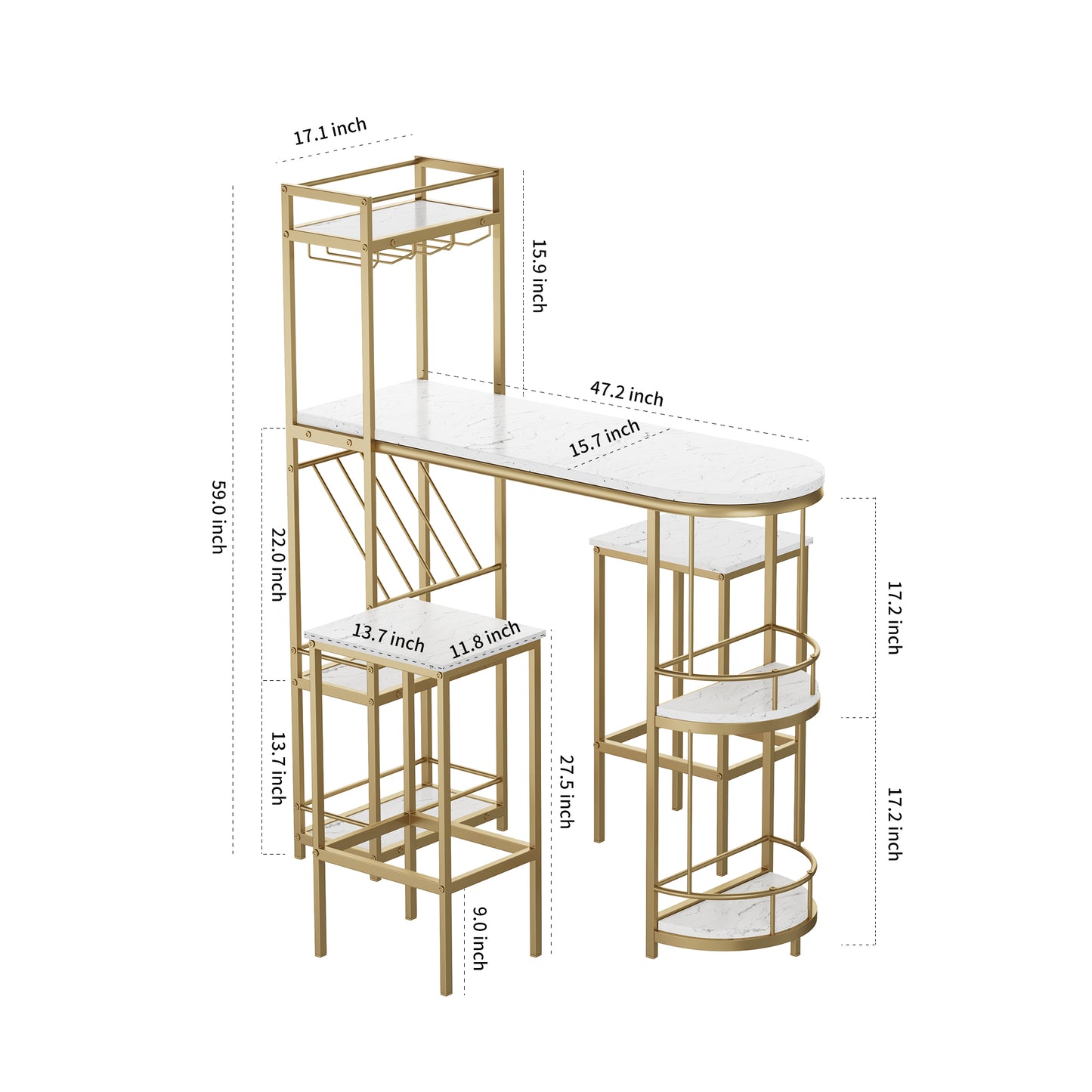 3 Pcs Bar Table and Chairs Set, Modern White Kitchen Bar Height Dining Table Wood Breakfast Pub Table with Gold Base with Shelves, Glass Rack, Wine Bottle Rack ,with 2 Bar Stools