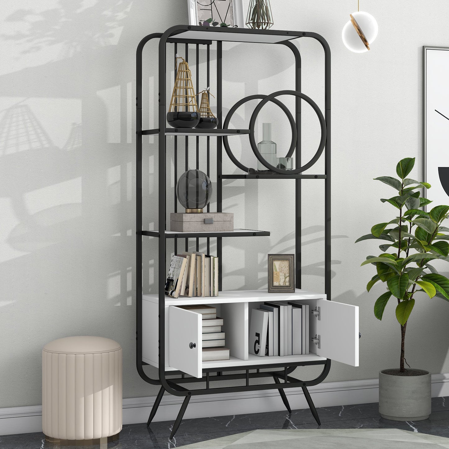 Home Office Bookcase with Cabinet Open Bookshelf Storage Large Bookshelf Furniture with Black Metal Frame, White