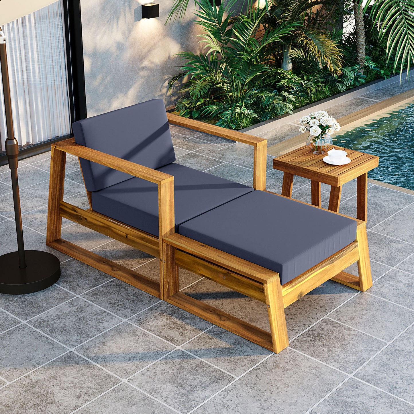 U_STYLE Acacia Wood Outdoor Lounge Set - Chair and Ottoman with Removable Cushions, All-Weather Outdoor Chaise Lounge/Daybed