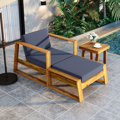 U_STYLE Acacia Wood Outdoor Lounge Set - Chair and Ottoman with Removable Cushions, All-Weather Outdoor Chaise Lounge/Daybed