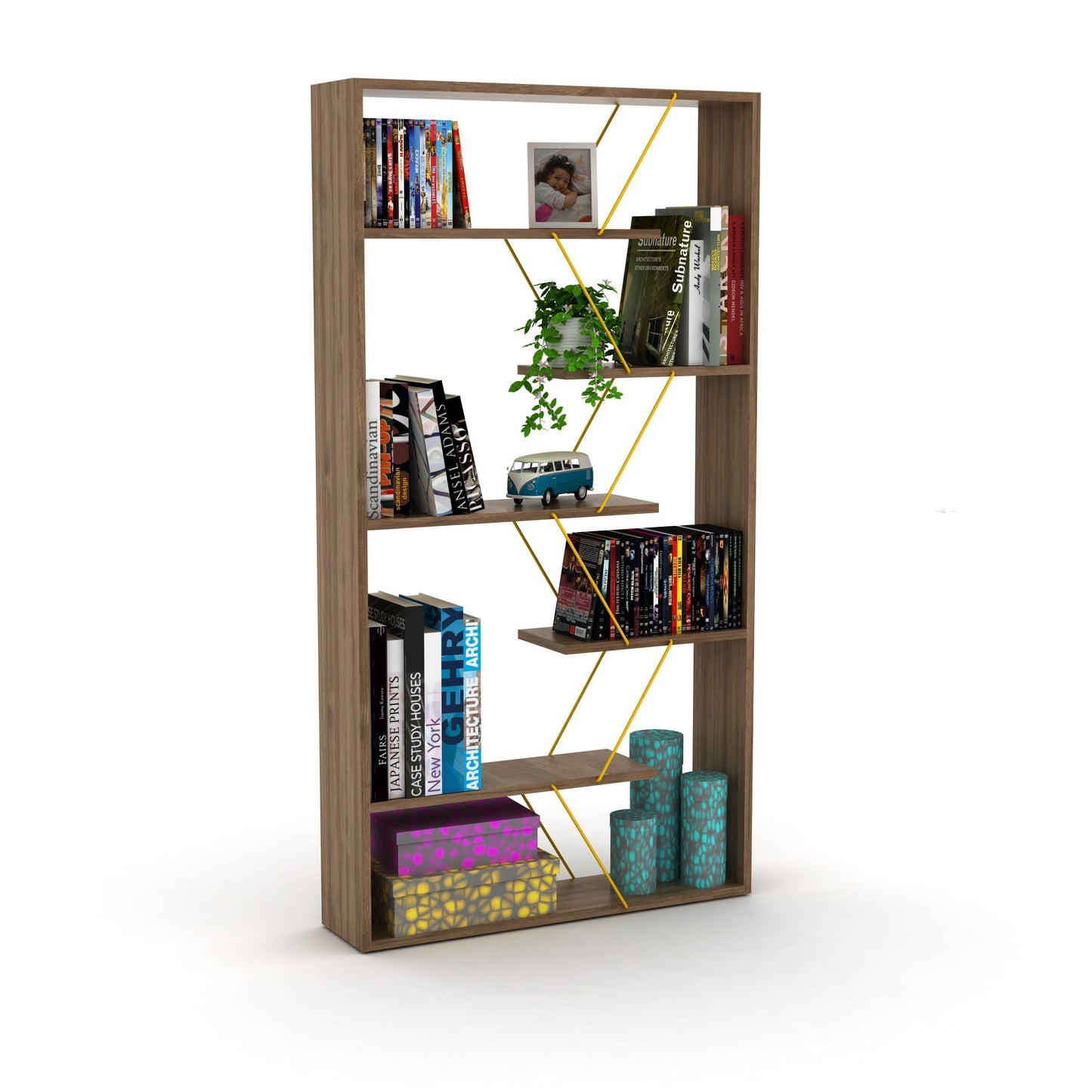 Furnish Home Store Wood Frame Etagere Open Back 6 Shelves Bookcase Industrial Bookshelf