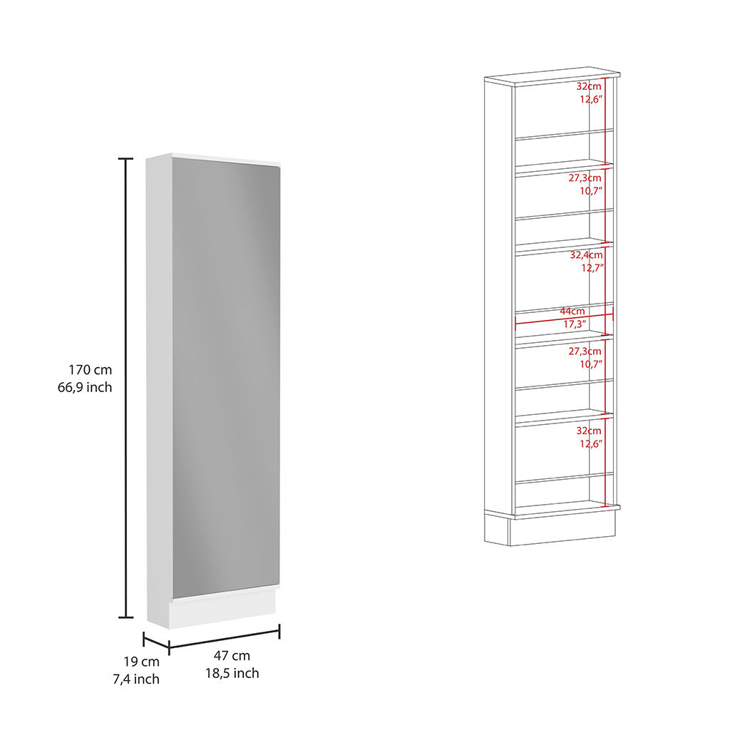 Leto Xl Shoe Rack, Mirror, Five Interior Shelves, Single Door Cabinet -White