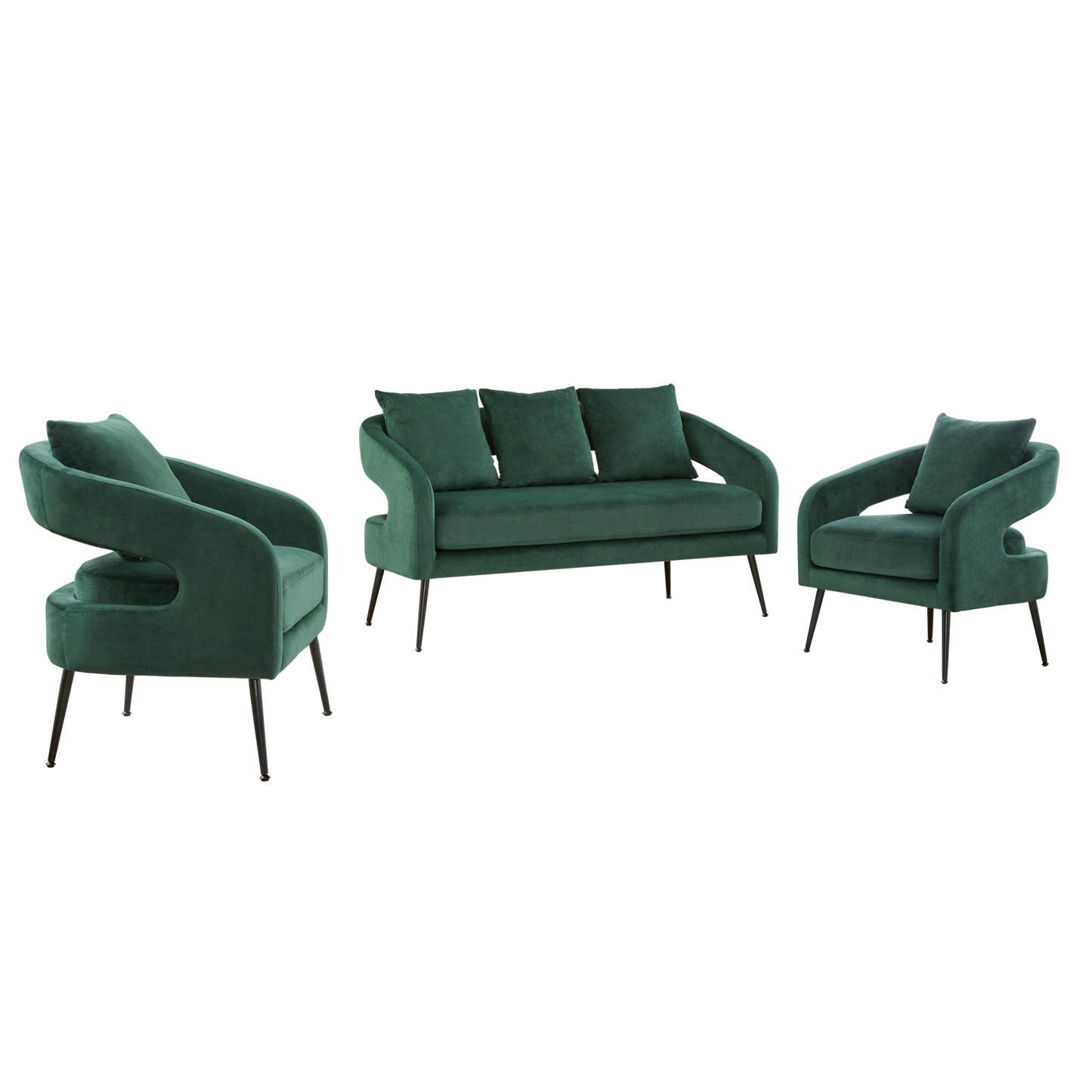 Mid Century Modern 3-Piece Velvet Upholstered Sofa Set with Metal Legs, Green, Loveseat & 2 Accent Chairs for Small Living Spaces
