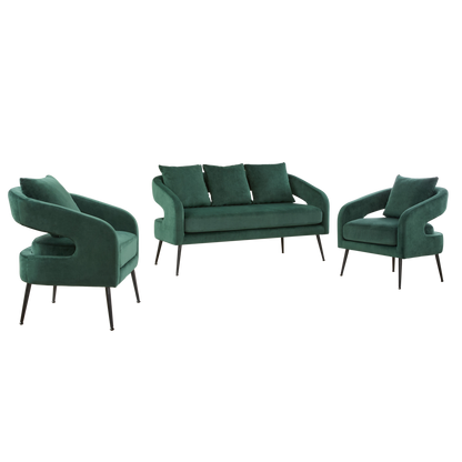 Mid Century Modern 3-Piece Velvet Upholstered Sofa Set with Metal Legs, Green, Loveseat & 2 Accent Chairs for Small Living Spaces