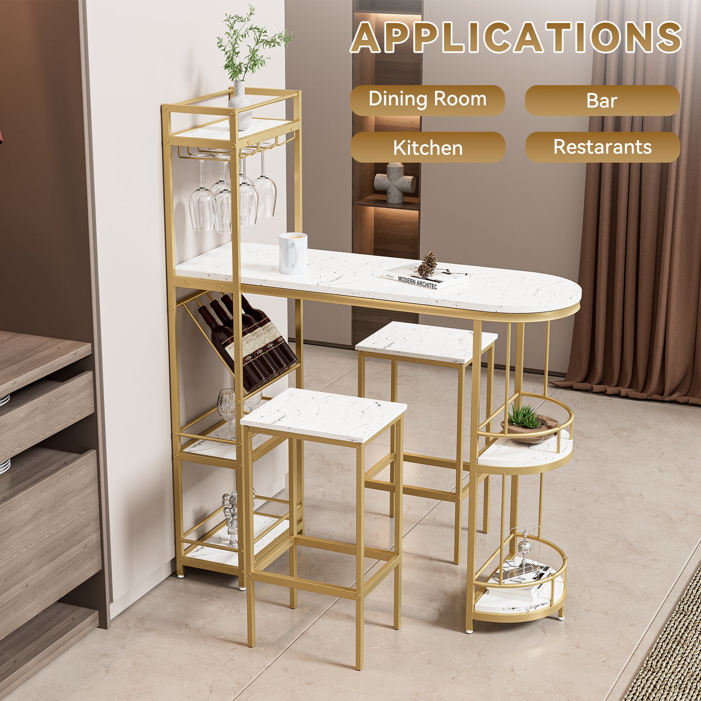 3 Pcs Bar Table and Chairs Set, Modern White Kitchen Bar Height Dining Table Wood Breakfast Pub Table with Gold Base with Shelves, Glass Rack, Wine Bottle Rack ,with 2 Bar Stools