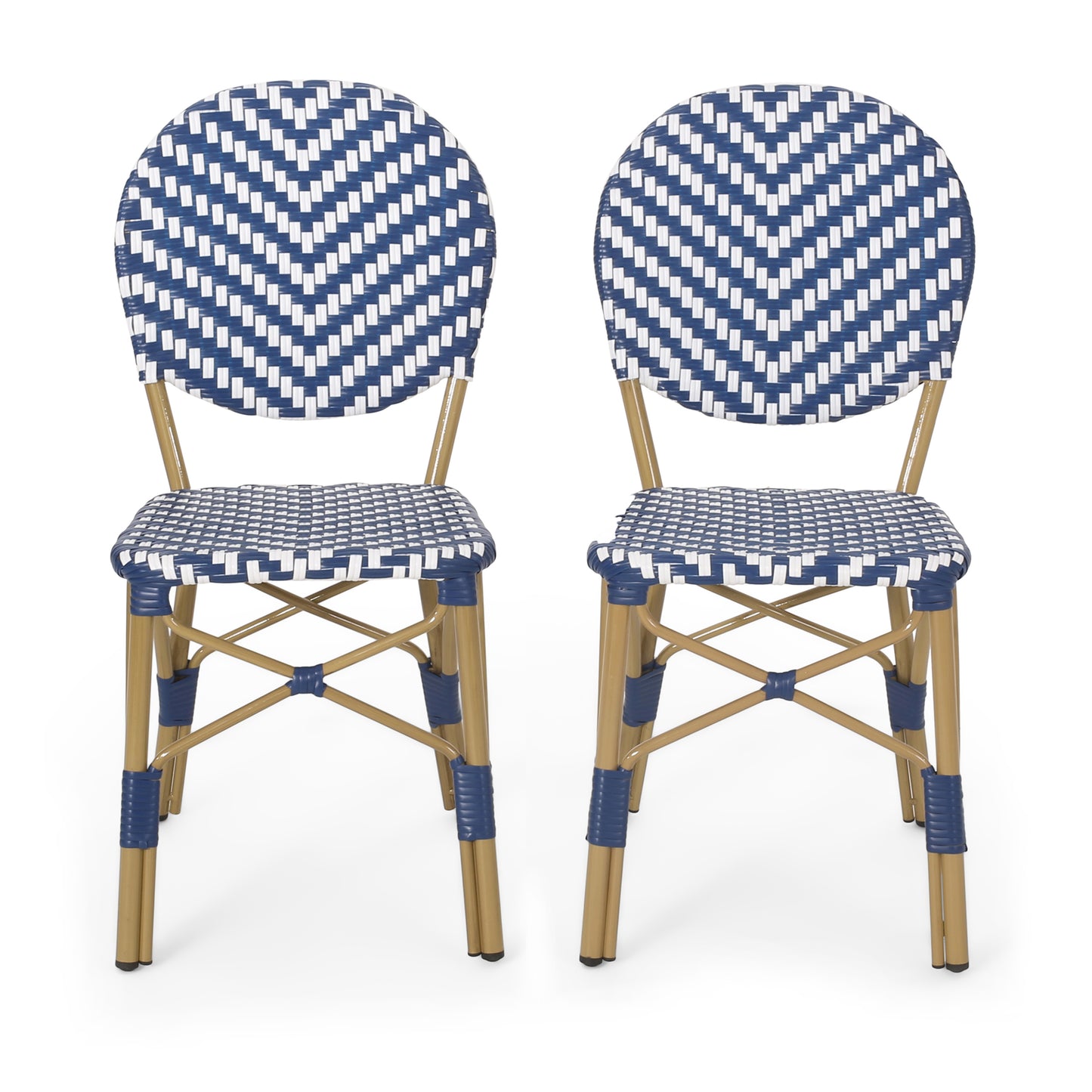 Outdoor PE Rattan and Aluminum French Armless Bistro Chairs Set, Navy Blue Bamboo Print Finish