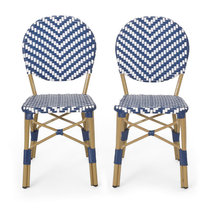 Outdoor PE Rattan and Aluminum French Armless Bistro Chairs Set, Navy Blue Bamboo Print Finish
