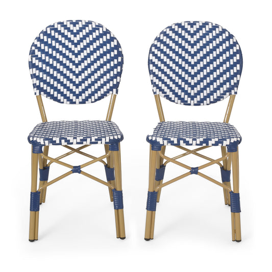 Outdoor PE Rattan and Aluminum French Armless Bistro Chairs Set, Navy Blue Bamboo Print Finish
