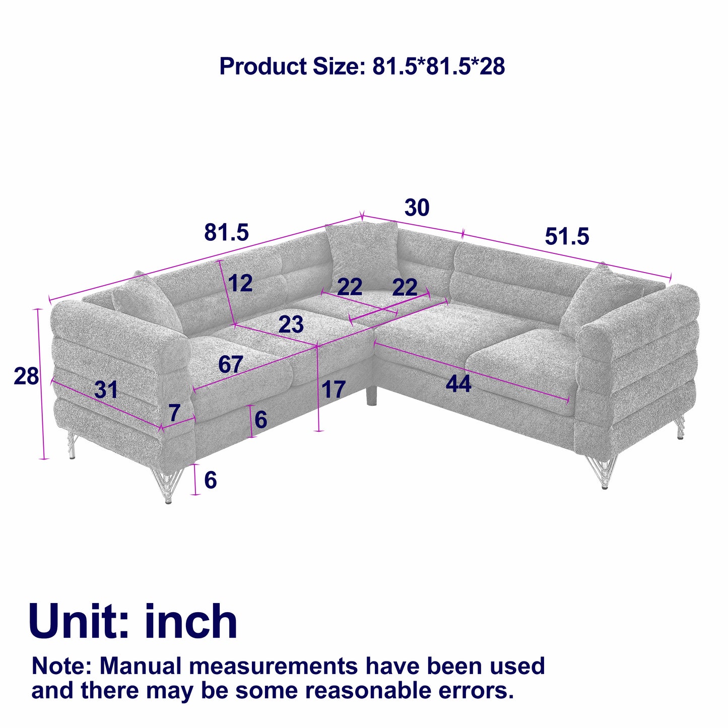 81.5-Inch Oversized Corner Sofa, L-Shaped Sectional Couch,   5-Seater Corner Sofas with 3 Cushions for Living Room, Bedroom, Apartment, Office