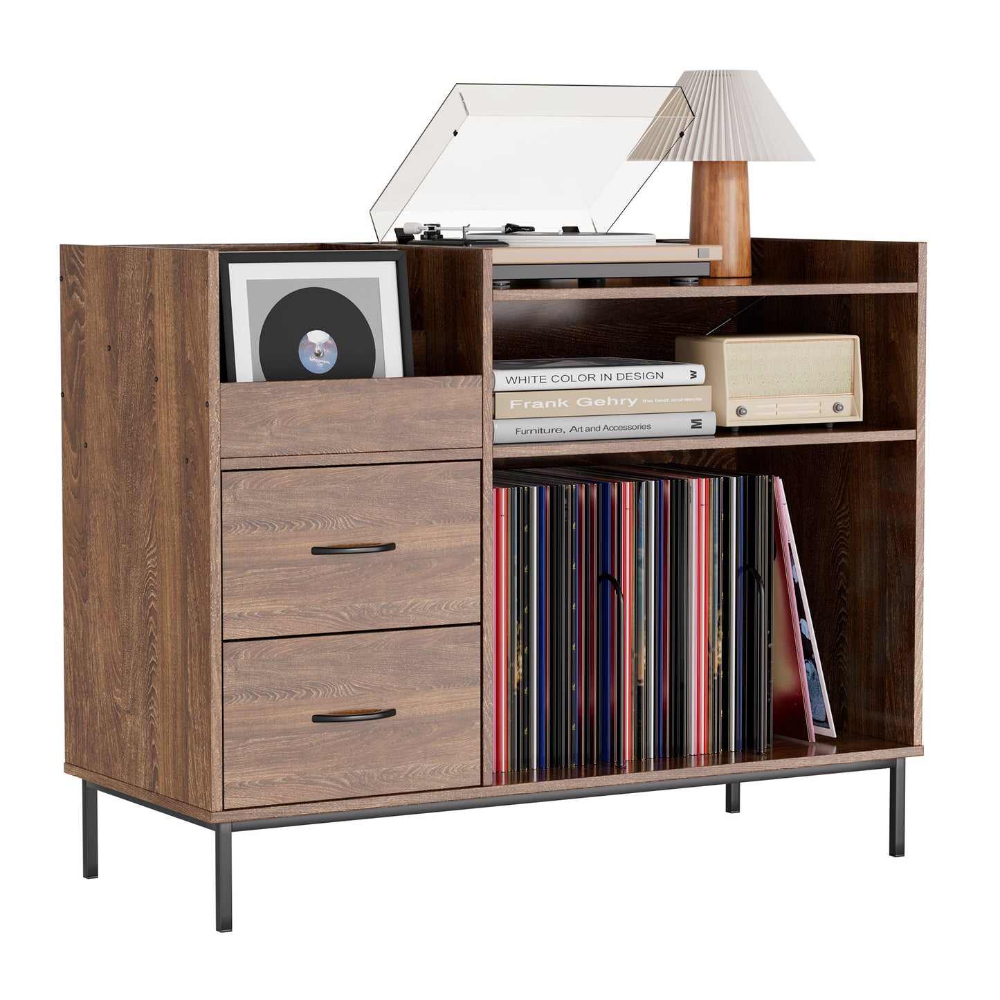 Mid-Century Brown Wood Grain Record Player Stand, Holds 350+ Vinyls, Media Console with Speaker Shelf & 2 Drawers, 27.6' Turntable TV Stand, Assembly Required