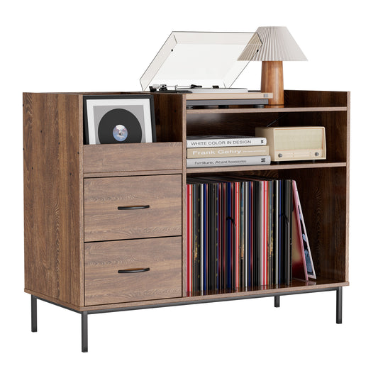 Mid-Century Brown Wood Grain Record Player Stand, Holds 350+ Vinyls, Media Console with Speaker Shelf & 2 Drawers, 27.6' Turntable TV Stand, Assembly Required