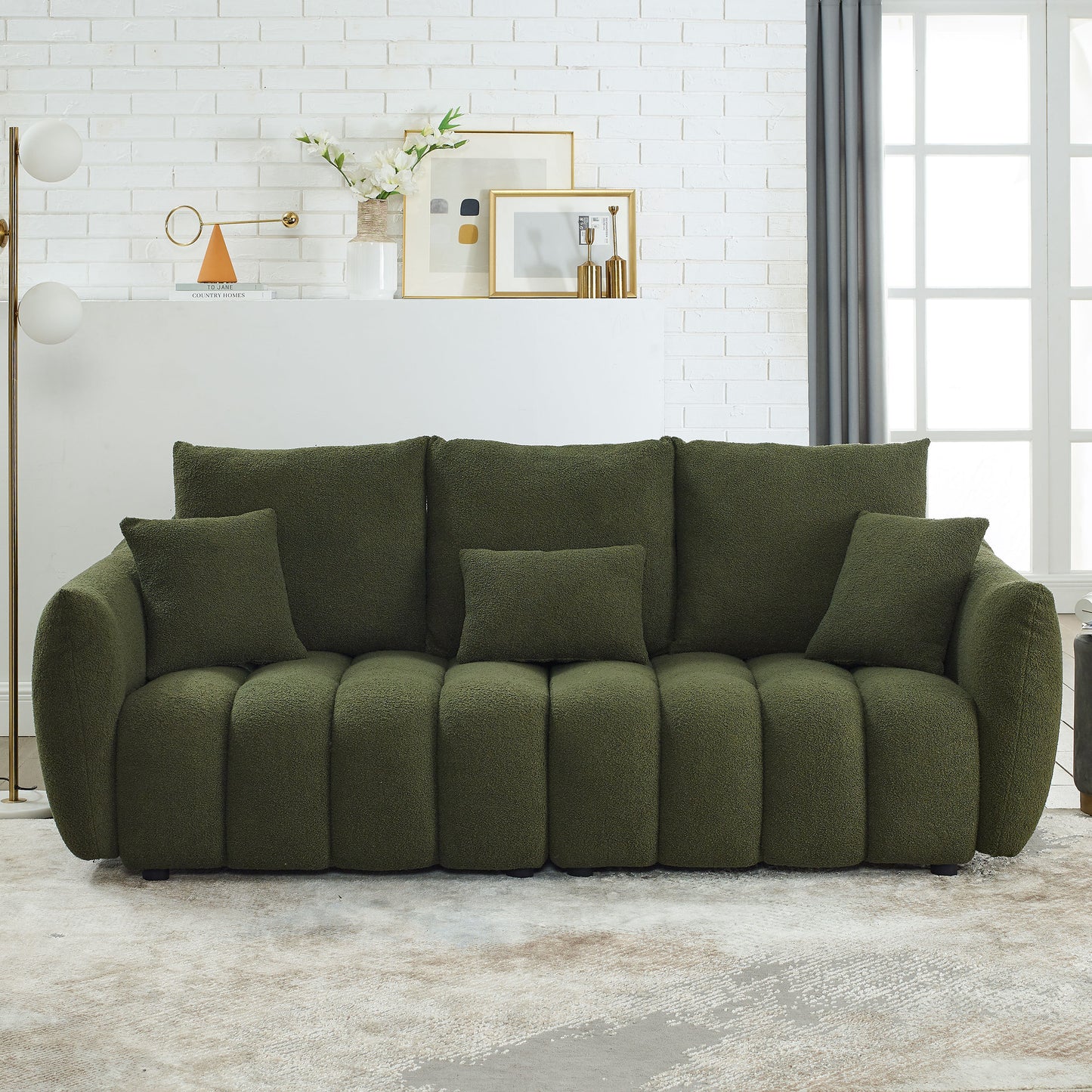 MH 82" Premium Teddy fabric Sofa with 3 Back Pillows and 3 back Cushions Solid Wood Frame 3-Seater Sofa, Oversized Upholstered Chair