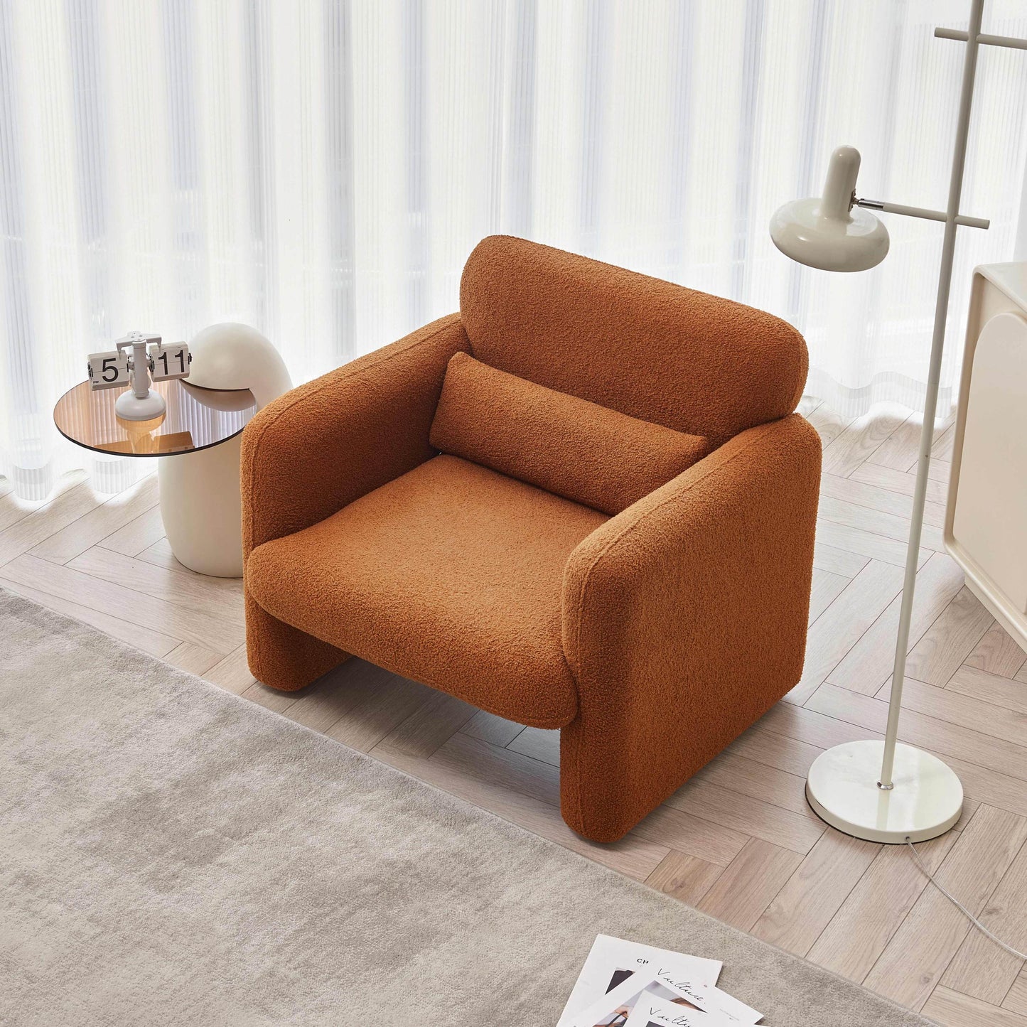 34"Lamb Fleece Fabric Sofa, Modern Single Sofa with Support Pillow for Apartment, Office, Living Room & Bedroom, Tool-Free Assembly.(Dark Orange)