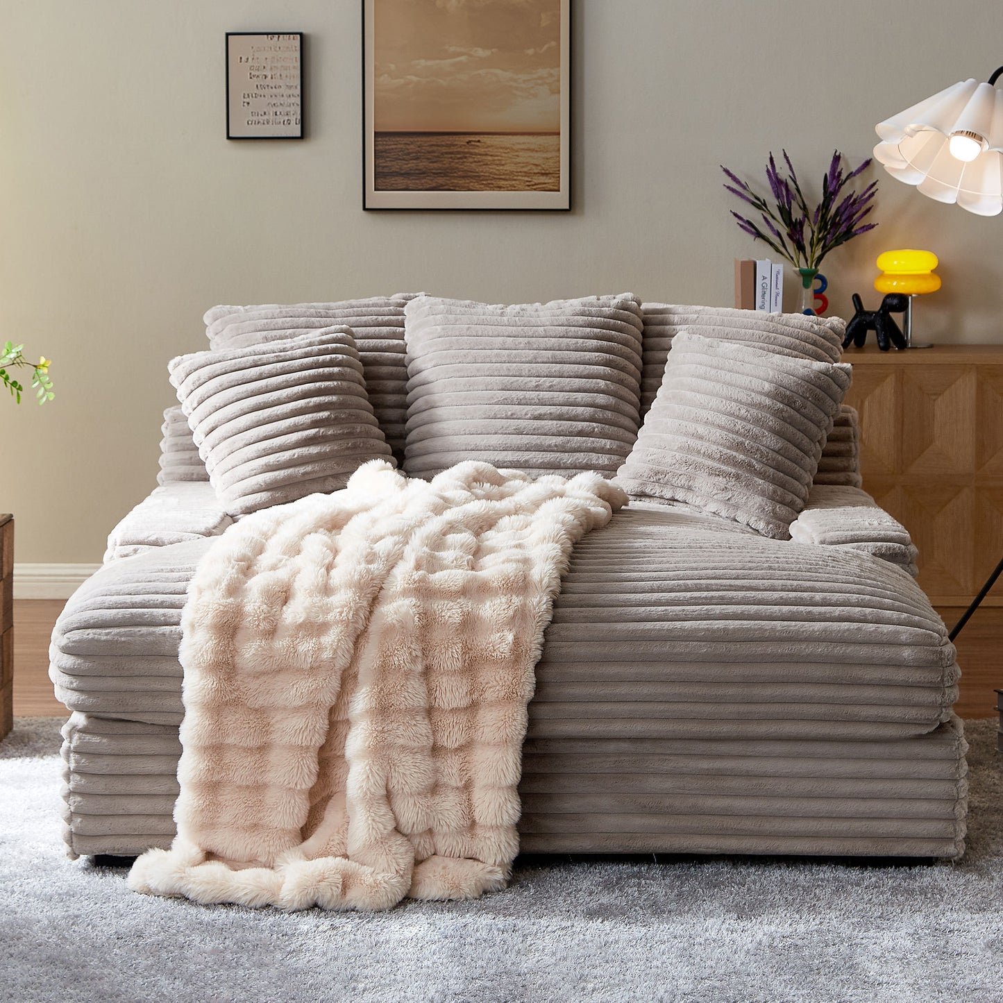 Modern Double Sleeper Sofa Comfortable Cloud Couch Soft Fluffy Corduroy Upholstery with Square Armrests