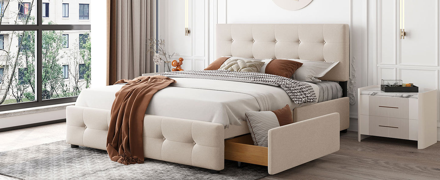 Upholstered Platform Bed with Classic Headboard and 4 Drawers, No Box Spring Needed, Linen Fabric, Queen Size Beige