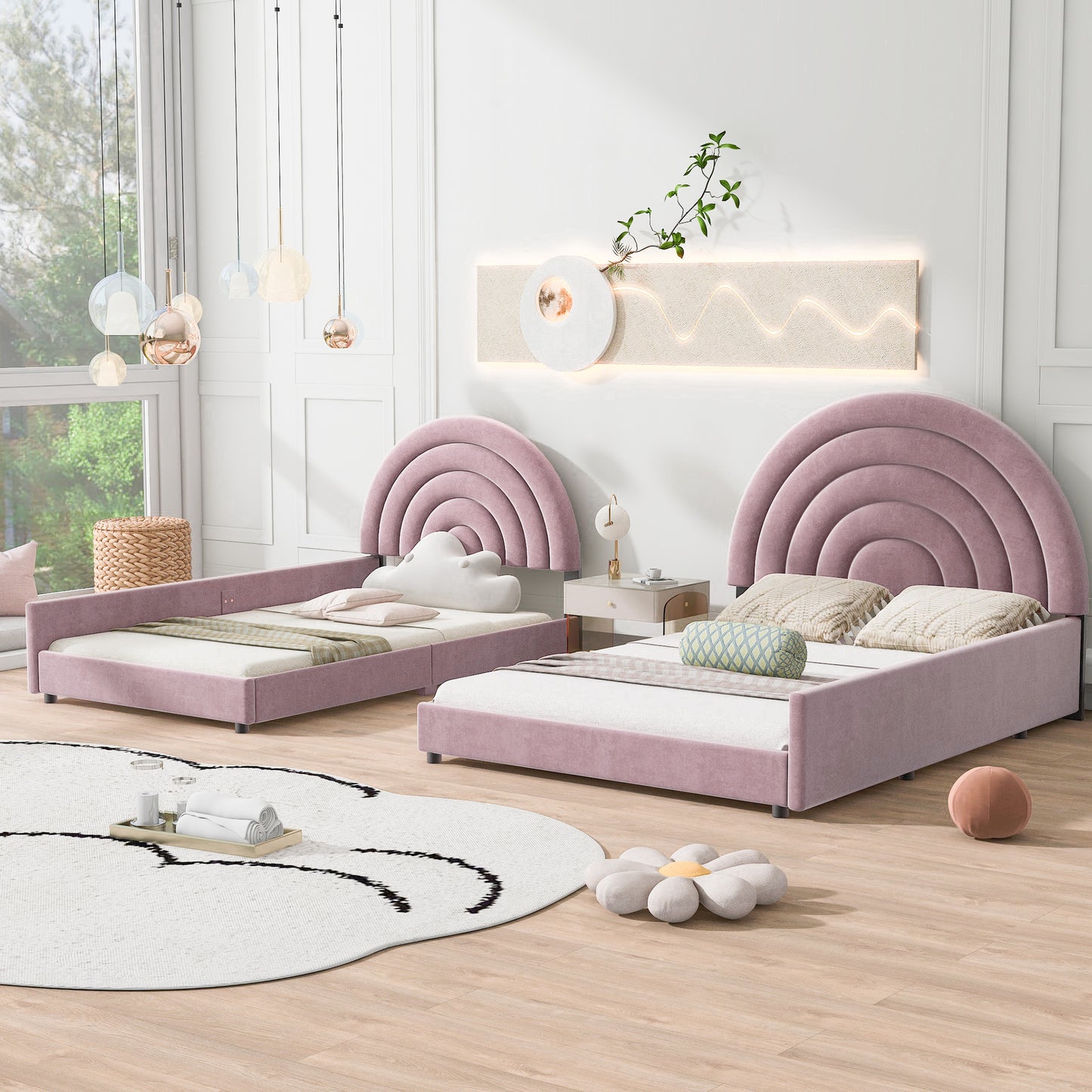 Twin+Full Upholstered Platform Bed Set with Semicircular Headboard, Pink