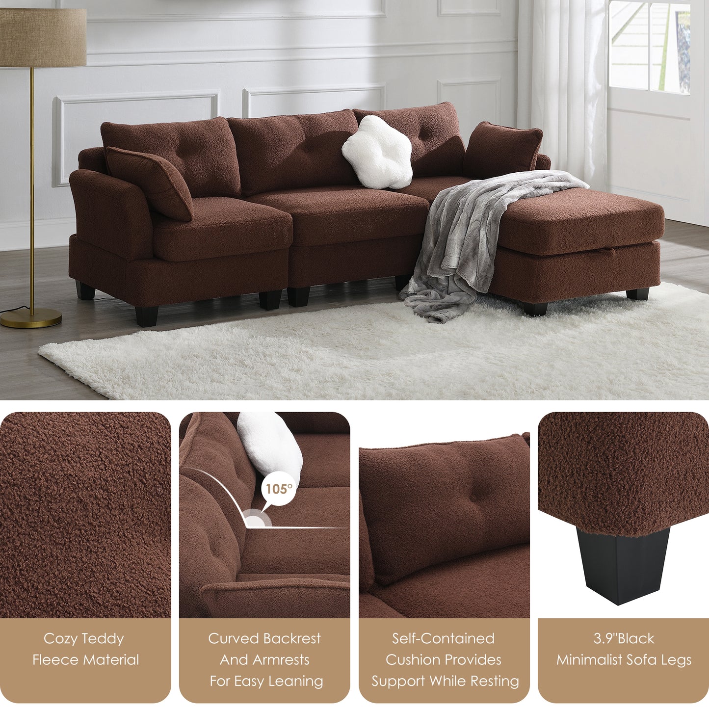 92*63"Modern Teddy Velvet Sectional Sofa,Charging Ports on Each Side,L-shaped Couch with Storage Ottoman,4 seat Interior Furniture 3 Colors(3 pillows)