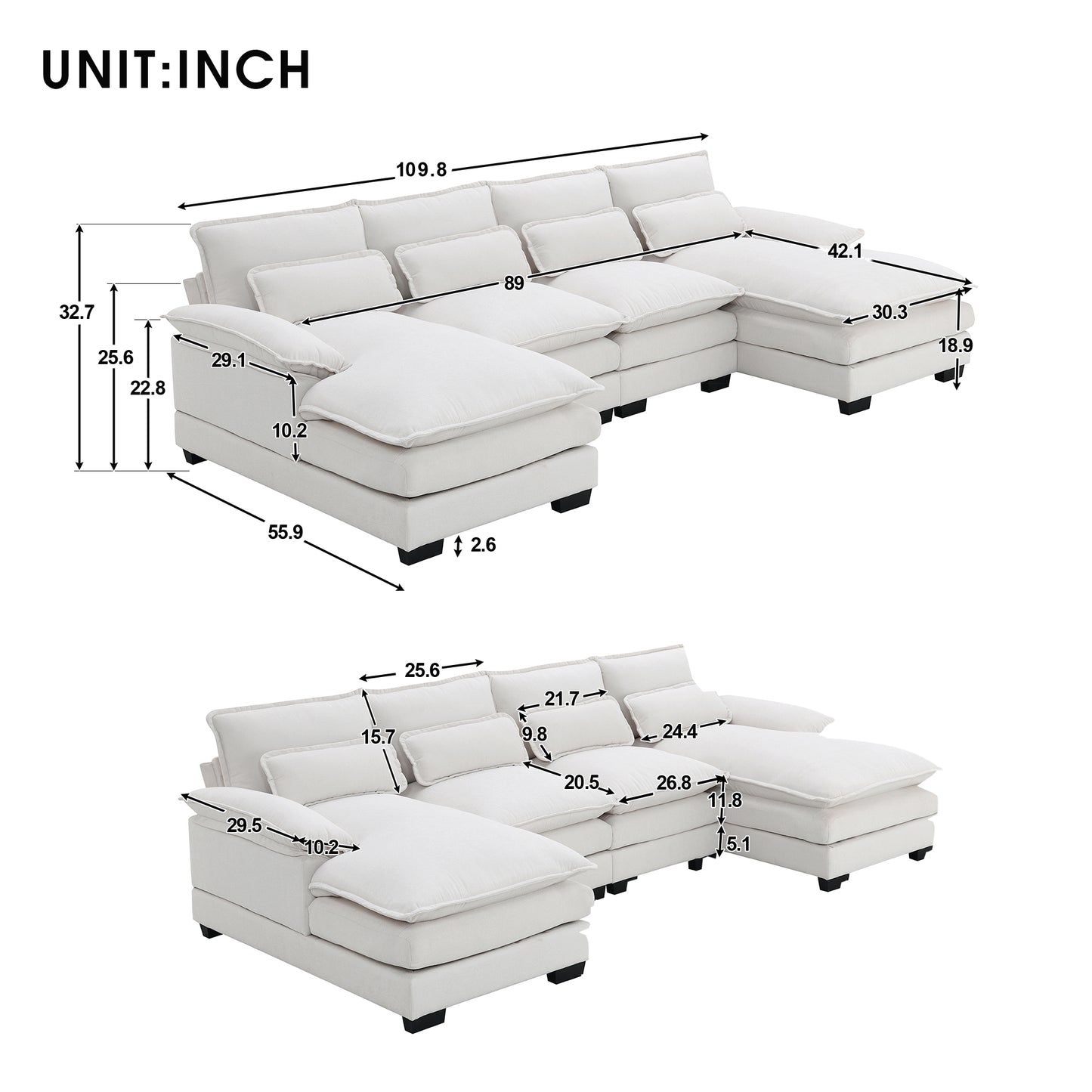 109.8*55.9" Modern U-shaped Sectional Sofa with Waist Pillows,6-seat Upholstered Symmetrical Sofa Furniture, Sleeper Sofa Couch with Chaise Lounge