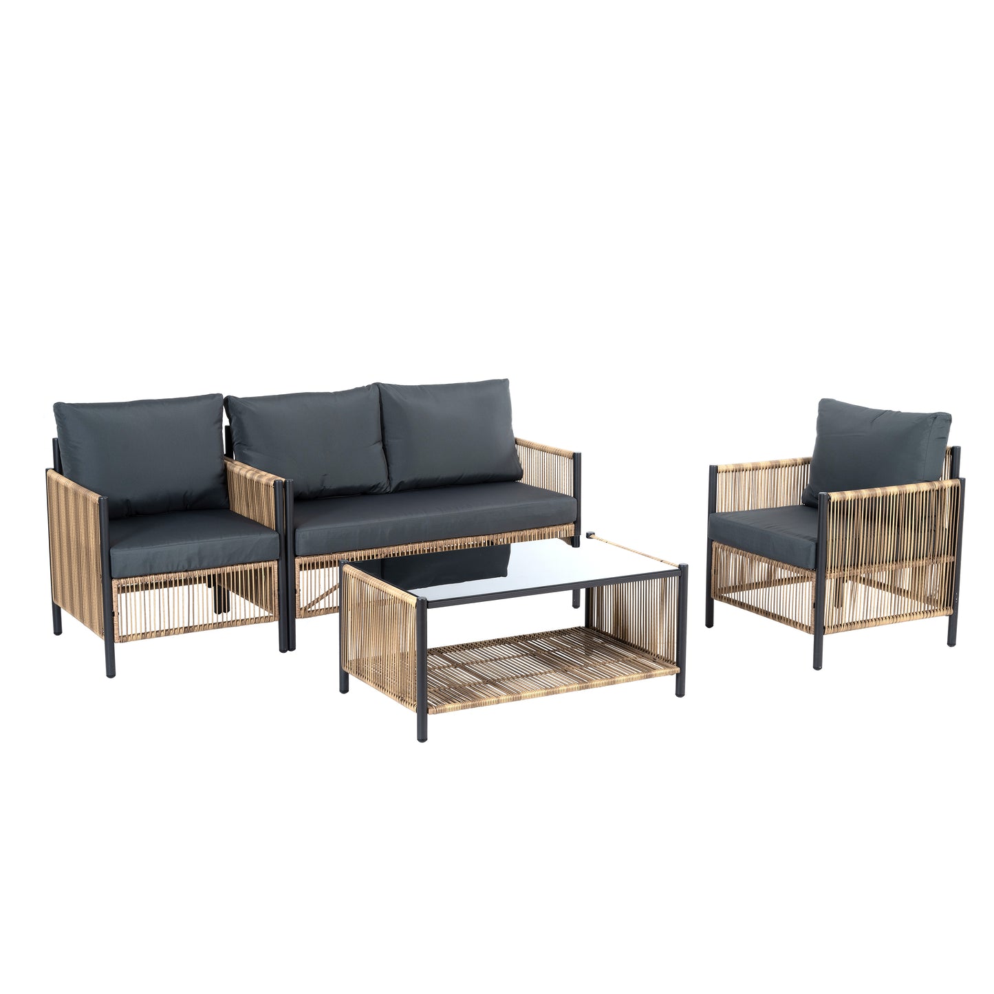 OUTDOOR Patio 4 Pieces Brown PE Wicker Sofa Set with Grey Cushion