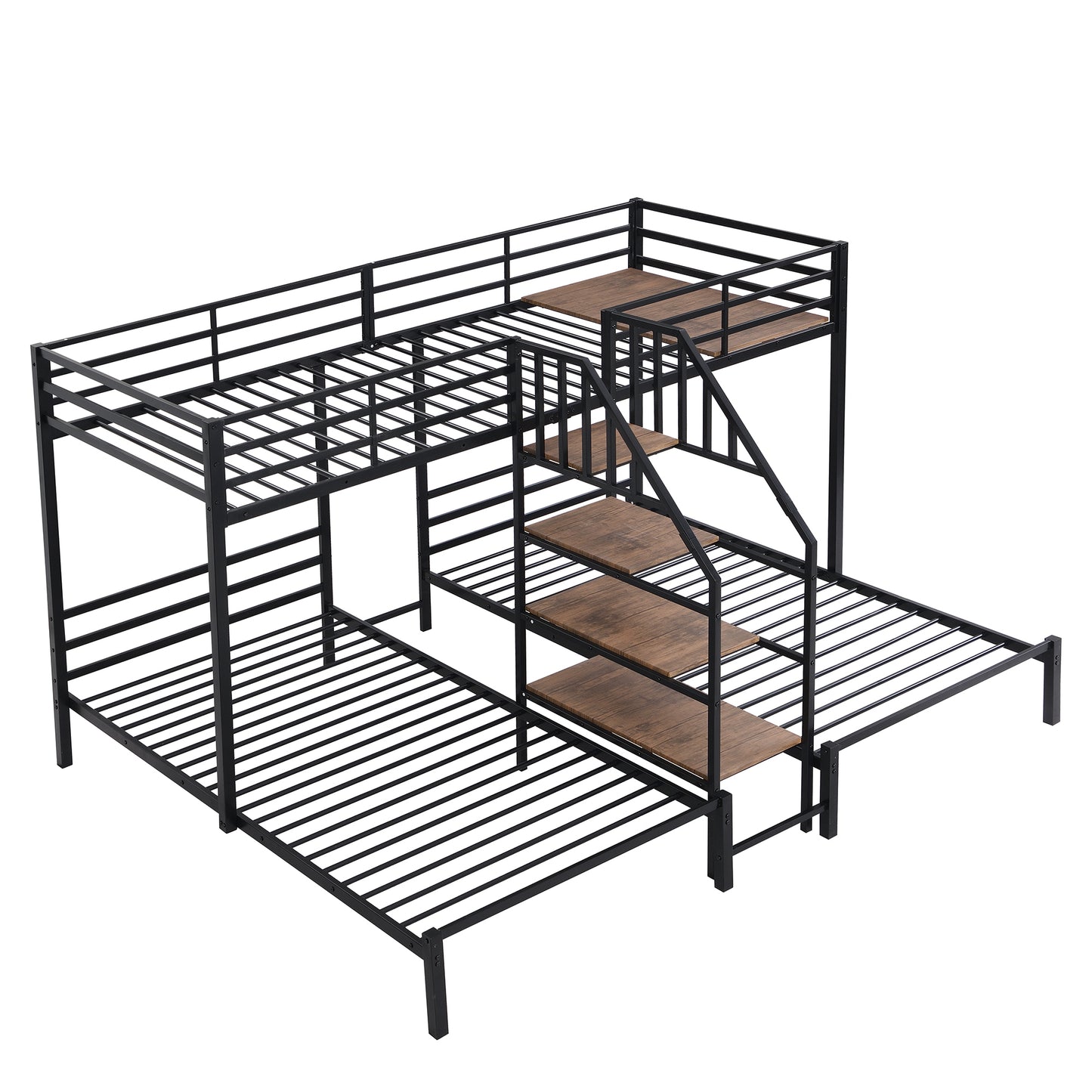 Metal Twin over Twin & Twin Bunk Bed, Triple Bunk Bed with Storage Shelves Staircase, Black