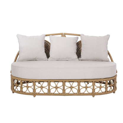 Outdoor Wicker Daybed With Pillows, Light Brown and Beige