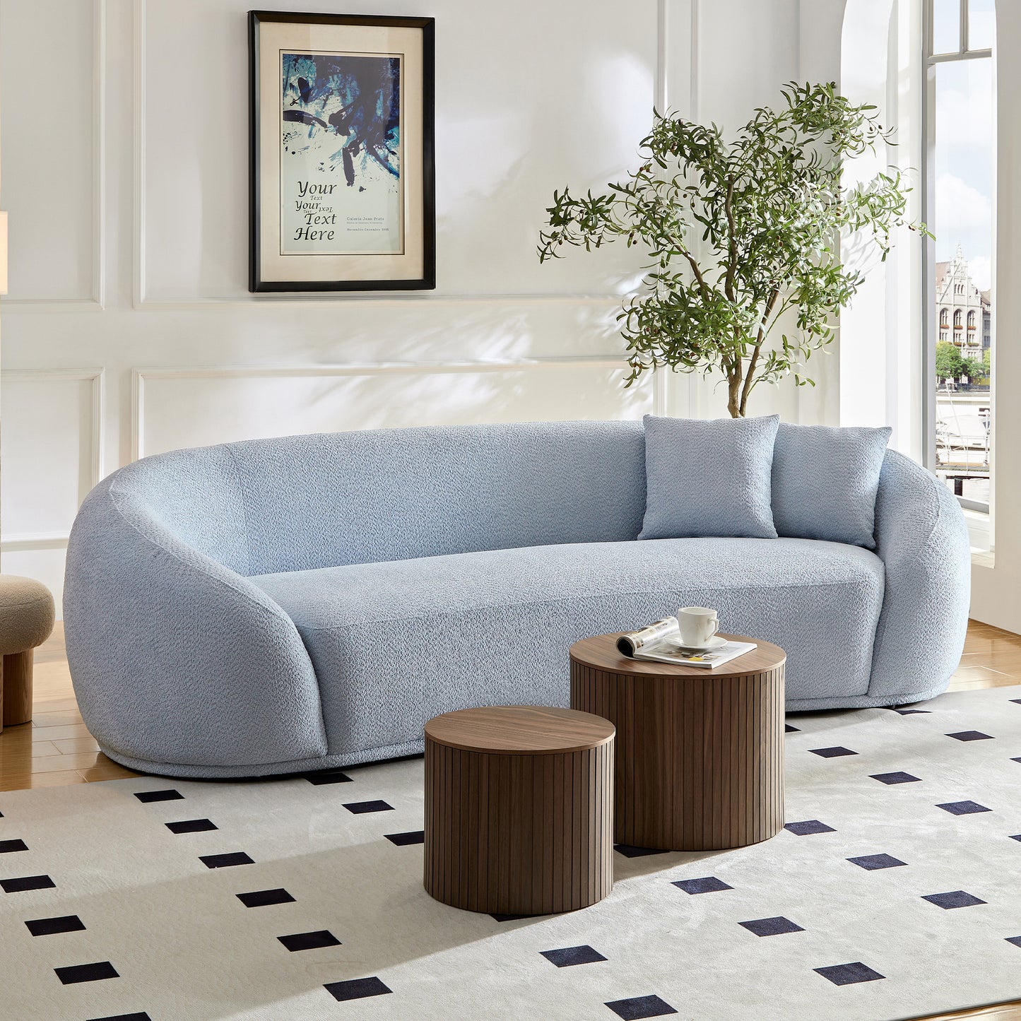 3 seater sofa Modern combination Half Moon casual teddy wool sofa Curved sofa, blue sky