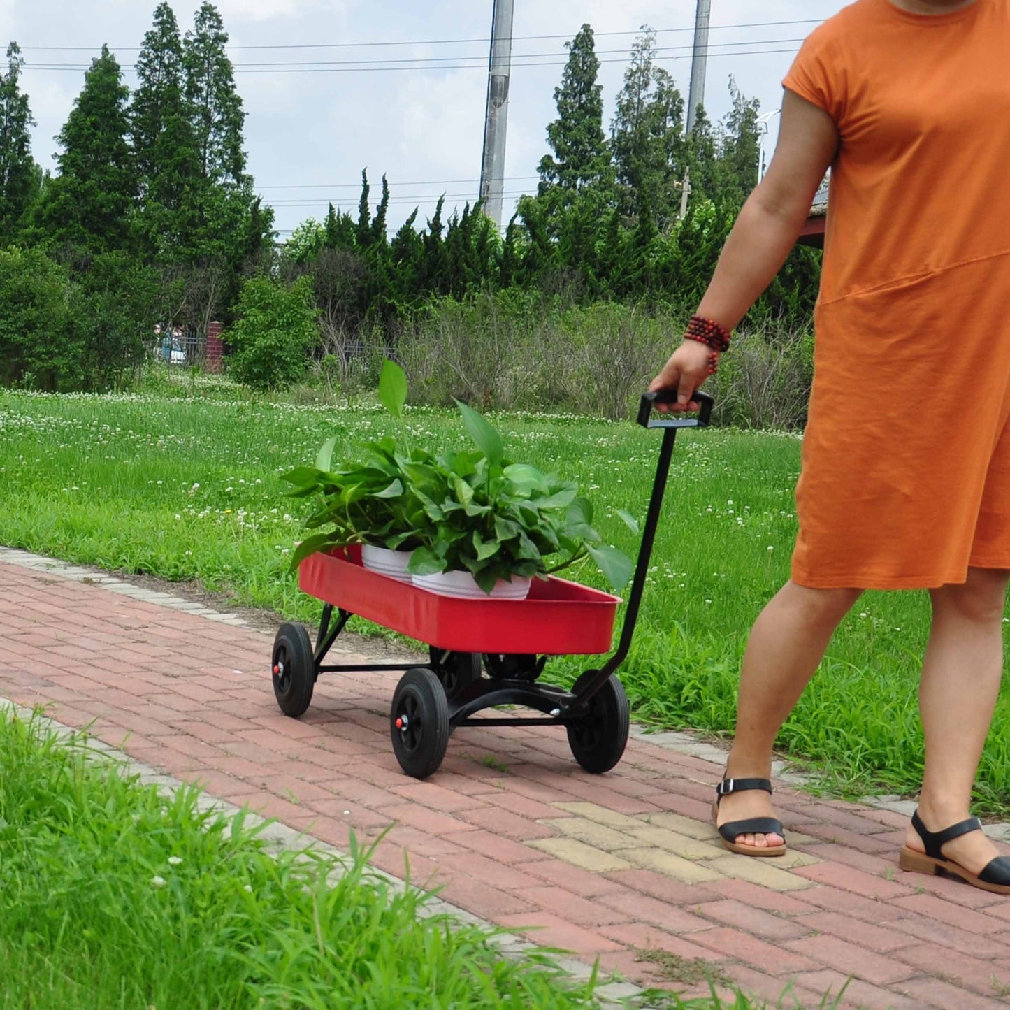 Garden cart Reuniong  Railing,  solid Wheels, All Terrain Cargo Wagon with 280lbs Weight Capacity, Red