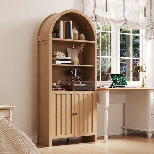 71' Tall Farmhouse Bookshelf with Arched Top and Storage Cabinet, Rustic Wood Look